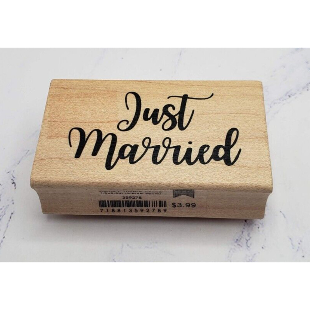 Just Married Elegant Script American Crafts Wood Mounted Rubber Stamp